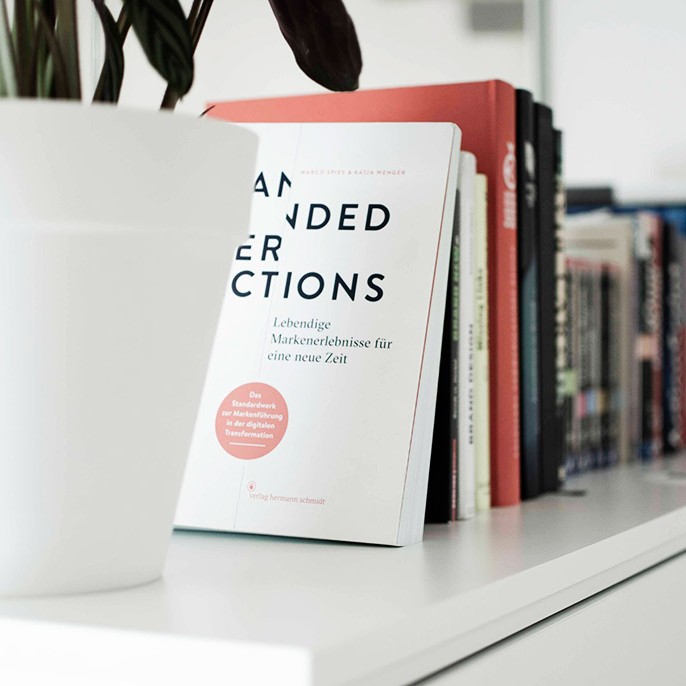 Topf-Pflanze vor einer Reihe Design-Bücher auf einem Schrank