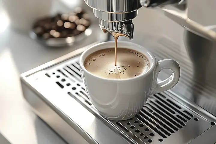 Tasse Kaffee unter einer Kaffeemaschine